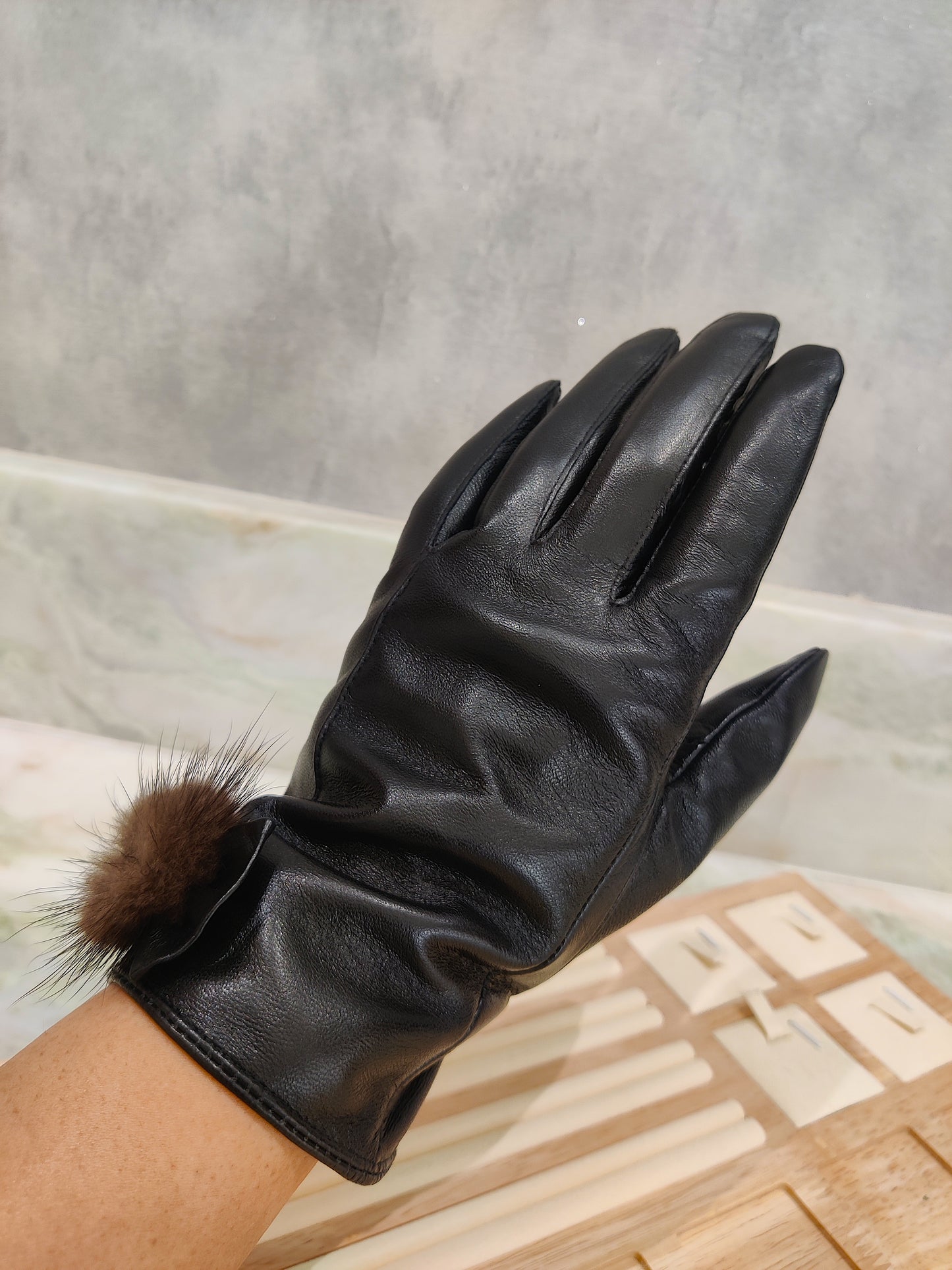 Fur Ball Leather Gloves