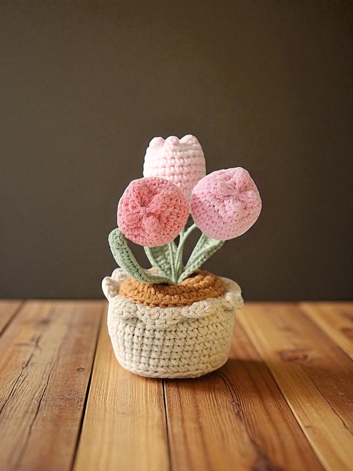 Handmade Crochet Pink Tulip Potted Plant