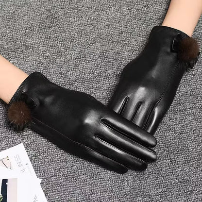 Fur Ball Leather Gloves