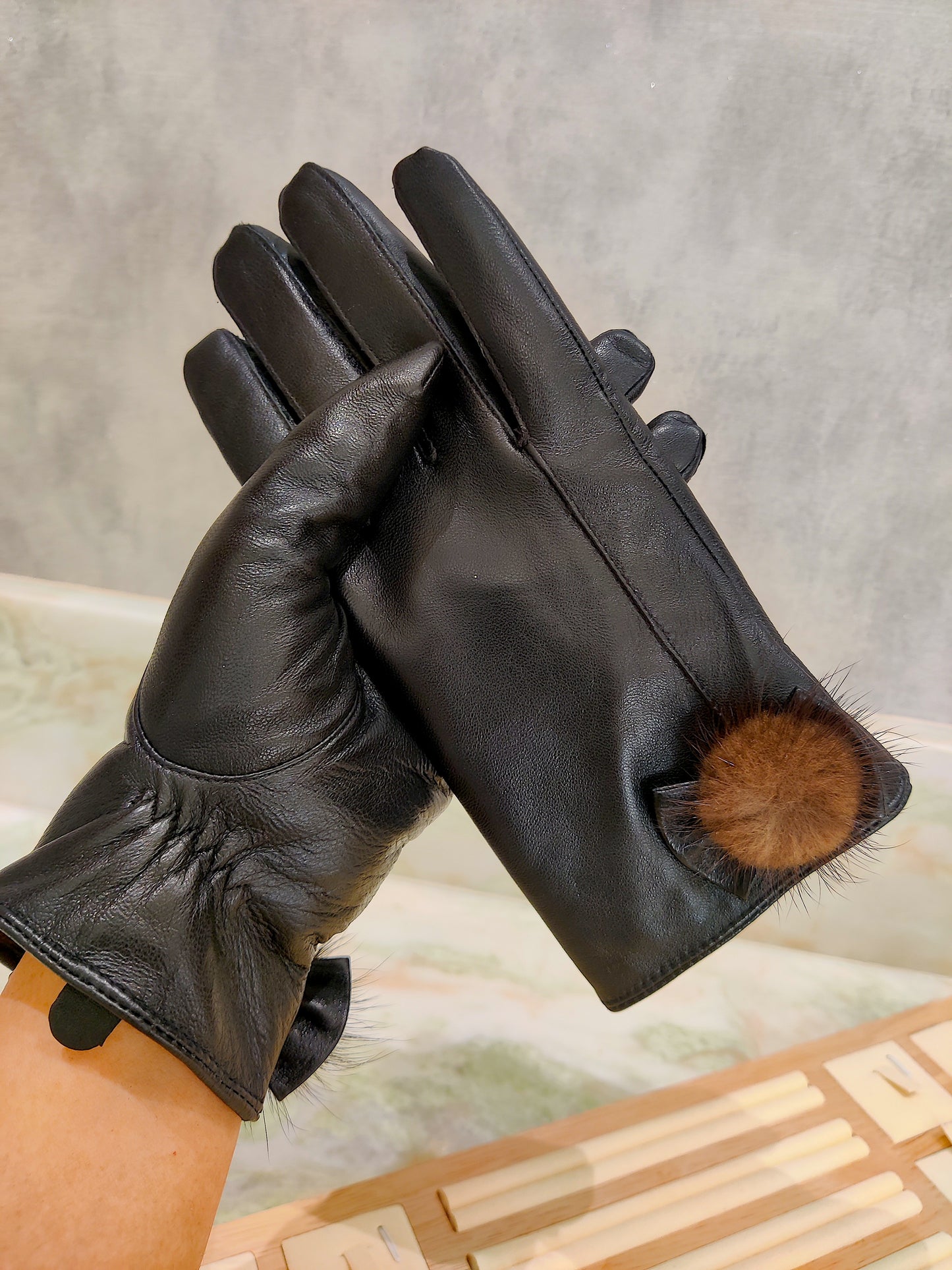 Fur Ball Leather Gloves