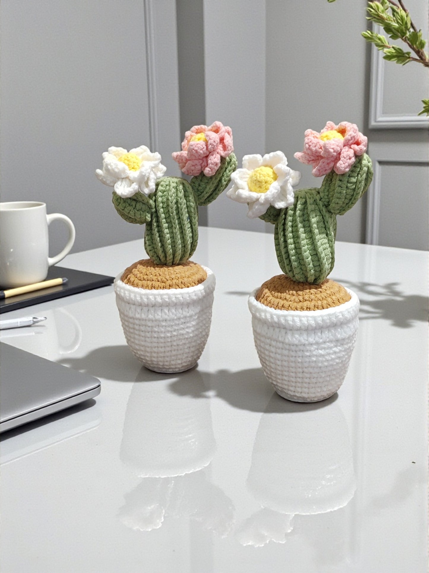 Handmade Crochet Mini Potted Plant for Work Desk - 2 Cacti Flowers