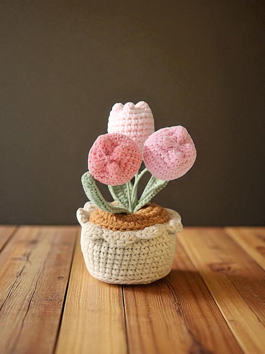 Handmade Crochet Pink Tulip Potted Plant
